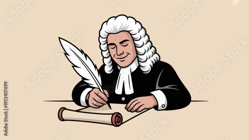 An 18th century gentleman in a black suit writing with a quill pen on a parchment scroll