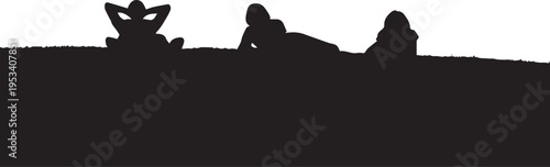 People relaxing outdoors on ground, enjoying leisure time, vector silhouette line art illustration