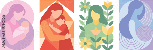 Illustrations celebrating the journey of motherhood, depicting maternal love, family bonds, female strength, and serene nature for well-being and empowerment