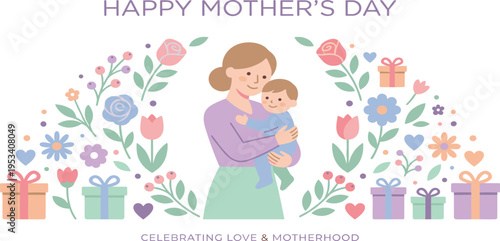 Celebrating Motherhood and Love A Tender Illustration of a Mother Holding Her Child Amidst a Floral Garland on Mother's Day