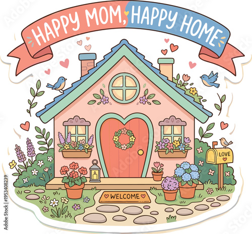 Whimsical cartoon house symbolizing family happiness and a loving home, featuring colorful flowers, chirping birds, and a heartfelt welcome for a joyful domestic life