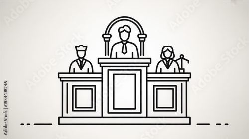 Courtroom scene with judge bailiff and lawyer at a desk law concept