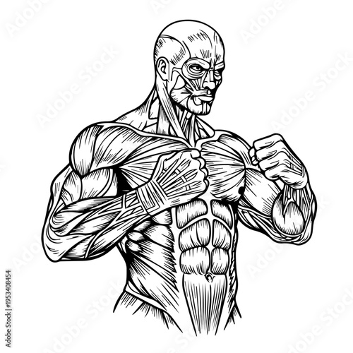 Detailed illustration of a male figure showing exposed muscular anatomy and torso muscles.