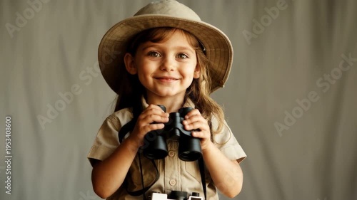 A young child dressed as an explorer looks through binoculars with a vintage camera around their neck.