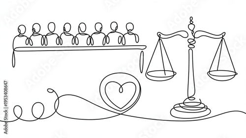 Justice and love concept with balance scales people heart line art