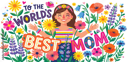 Vibrant and Cheerful Hand-Drawn 'Celebrate Mom' Lettering Illustration Adorned with Festive Balloons, Hearts, and a Lush Floral Garland Perfect for Mother's Day Greetings and Celebrations
