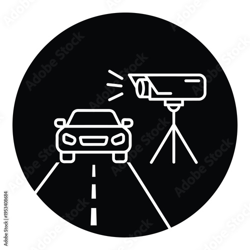 Speed camera monitoring a car on the road with radar  traffic surveillance icon