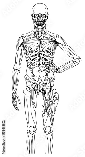 Detailed illustration of human skeleton showing bones and joints in anatomical study.