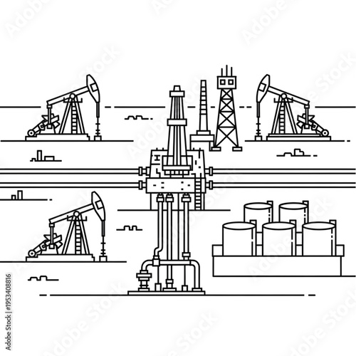 Oil drilling rig and pump jacks in an industrial landscape.