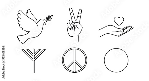Collection of peace symbols and icons in line art style.