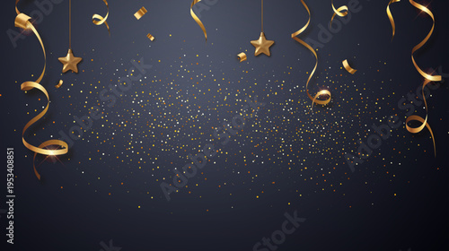 高級感あふれるゴールドの紙吹雪とリボンが舞うラグジュアリーなネイビーバックグラウンド、パーティーや記念日イベントに最適な華やか抽象背景素材