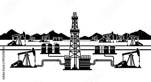 Oil drilling rig and pump jacks in industrial landscape.