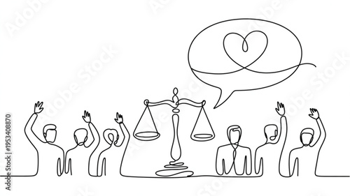 Continuous line drawing of people around a scale with a heart in a speech bubble