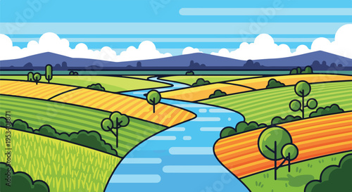 Stylized countryside illustration with rolling hills and a winding river