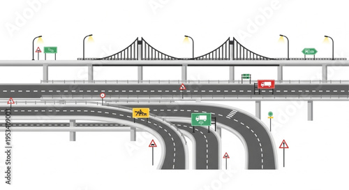 Modern highway interchange with multiple levels and bridges.