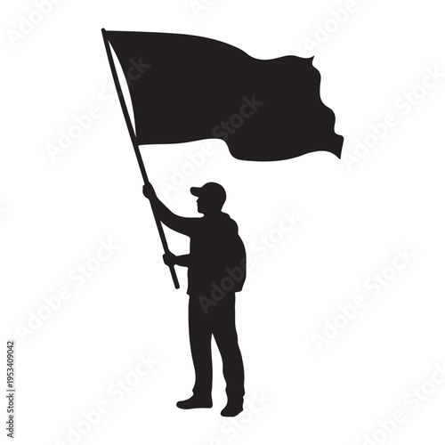 Silhouette of a Man Raising a Flag – Protest, Patriotism, or Victory Theme Vector