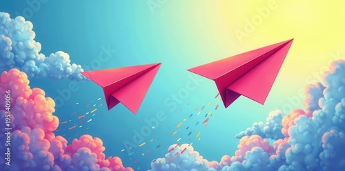 Single-line drawing of two paper airplanes, soaring , white background, craft, sketch