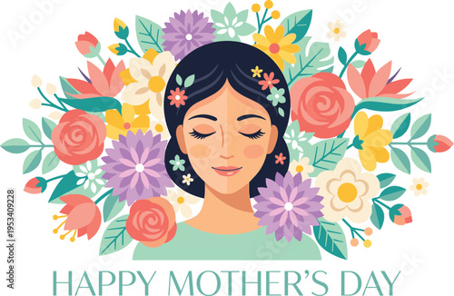 Happy Mother's Day illustration featuring a woman surrounded by vibrant flowers and foliage, celebrating motherhood and family love