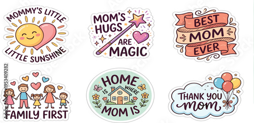 A heartwarming collection of cute cartoon stickers and labels celebrating motherhood and family bonds, perfect for Mother's Day, appreciation, and loving sentiments