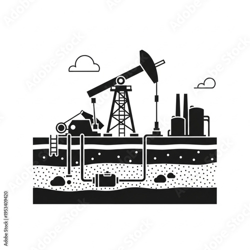 Oil Extraction and Processing Illustration with Pumpjack and Refinery.