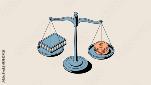Education versus money on a balance scale weighing knowledge against wealth in a symbolic illustration