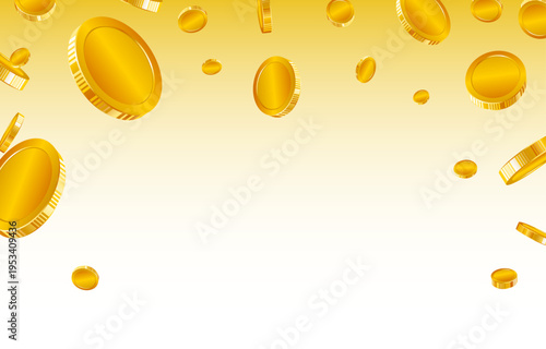 黄金のコインが空から舞い降りる華やかなイラスト背景、富と成功や収益アップを象徴する明るいグラデーションデザイン