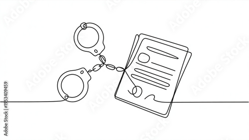 Handcuffs chained to legal document symbolizing law enforcement and justice system crime and punishment concept