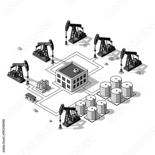 Oil extraction and storage facility with multiple pump jacks.