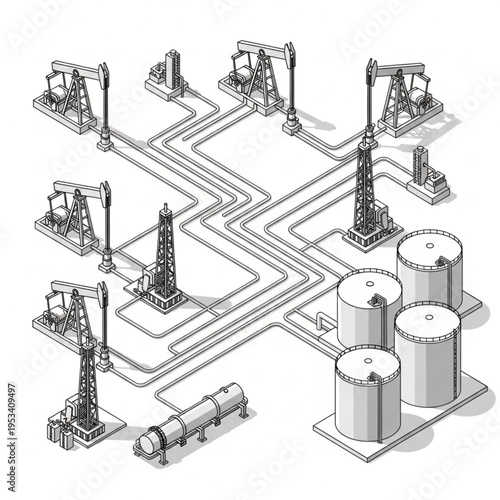 Oil extraction and storage industrial complex with multiple pumpjacks and tanks.