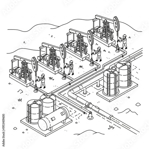 Oil extraction facility with multiple pump jacks and storage tanks.