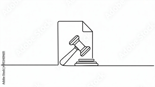 Law document with gavel on desk in minimalist line art style for legal or justice concepts