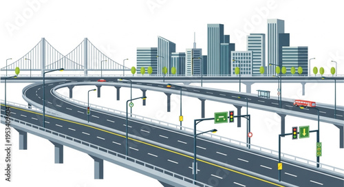 Modern Cityscape with Elevated Highways and Bridges.