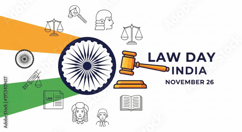 Law day india celebration with gavel constitution symbols and tricolor background