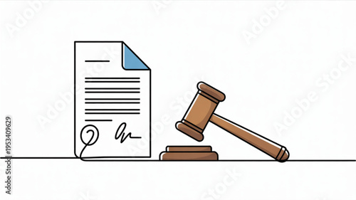Law document and wooden gavel on desk symbolizing justice and legal proceedings in a courtroom setting with a judge's hammer