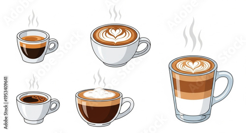 Collection of Delicious Hot Coffee Drinks in Cups.