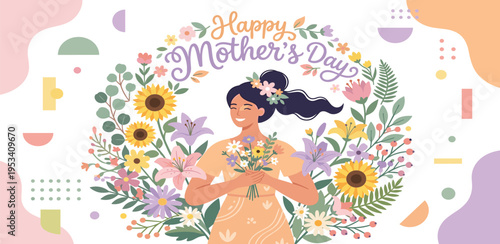 Happy Mother's Day greeting with a woman holding flowers surrounded by a floral wreath and abstract shapes