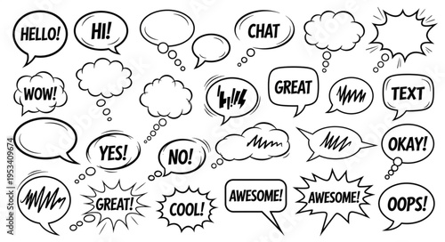 Collection of Hand Drawn Speech Bubbles with Words and Symbols.