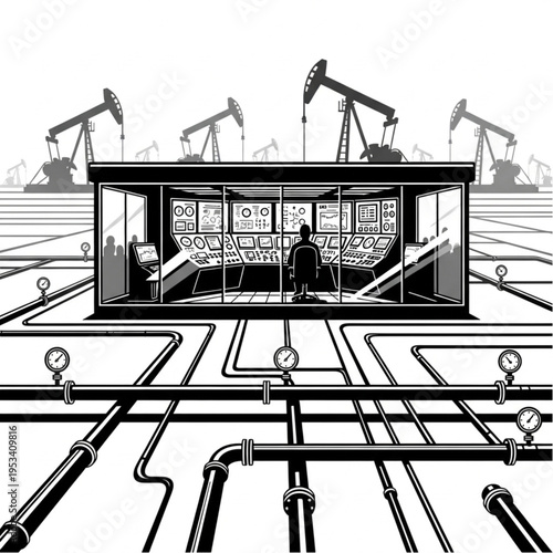 Oil industry control room with pumps and pipes.