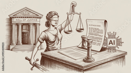Justitia holds scales and sword at desk with law documents and ai symbol near hall of justice building