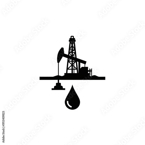 Oil Industry Silhouette - Pumpjack, Derrick, and Oil Drop Symbol.