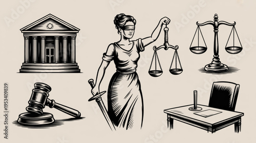 Justice system symbols including lady justice scales gavel and courthouse