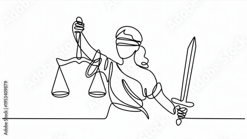 Justitia holding scales and sword in one line art style symbolizing law and justice with blindfold