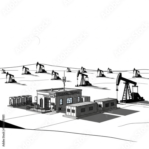 Oil pump jacks and industrial buildings in a dry landscape.