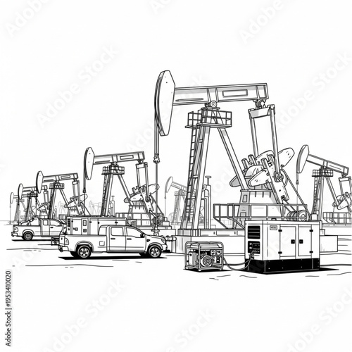 Oil pump jacks and industrial equipment at an oil field.