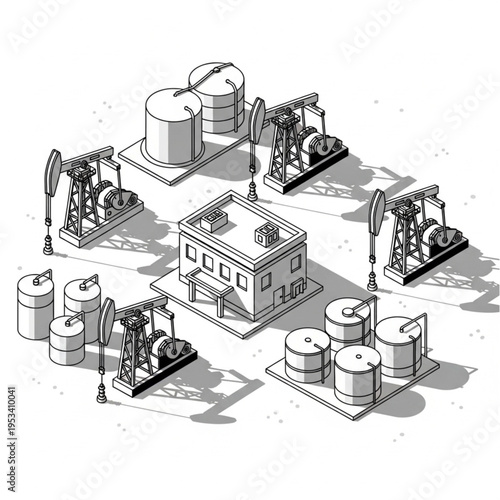 Oil pump jacks and storage tanks surrounding a central building.