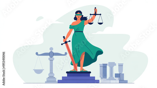 Justitia goddess of justice standing on pedestal with scales and sword symbolizing fairness and law blindfolded female figure in green dress