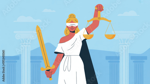 Justitia holding scales and sword in front of ancient columns representing law and justice