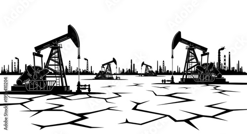 Oil pump jacks in a dry cracked landscape illustration.