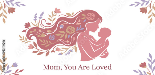Motherhood love illustration for Mother's Day with floral hair and baby