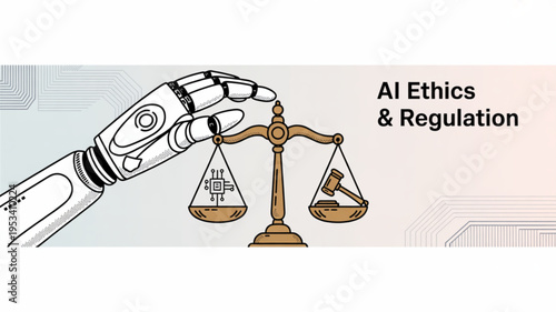 Robot hand balancing scales with justice and technology symbols representing ai ethics and regulation